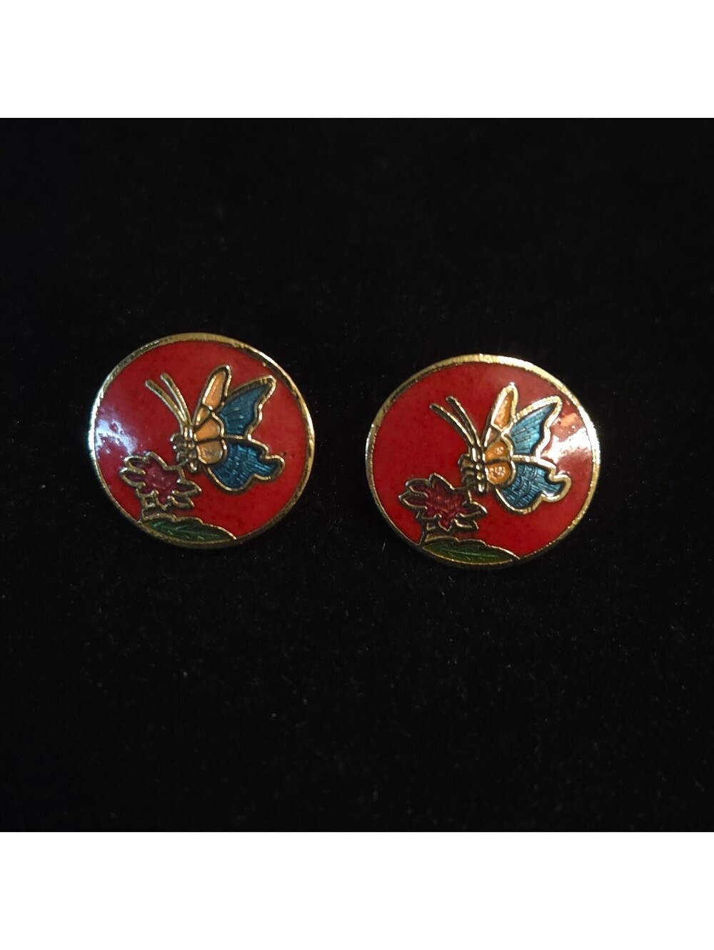 Vintage Round Red Cloisonné Enamel Stud Earrings